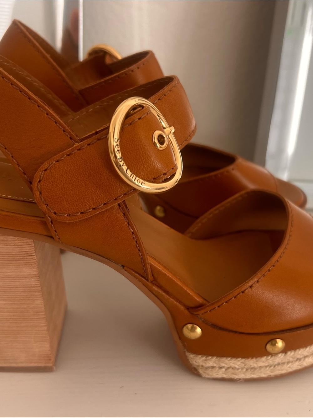 See By Chloé Tan Leather Platform Sandals with Gold Buckle